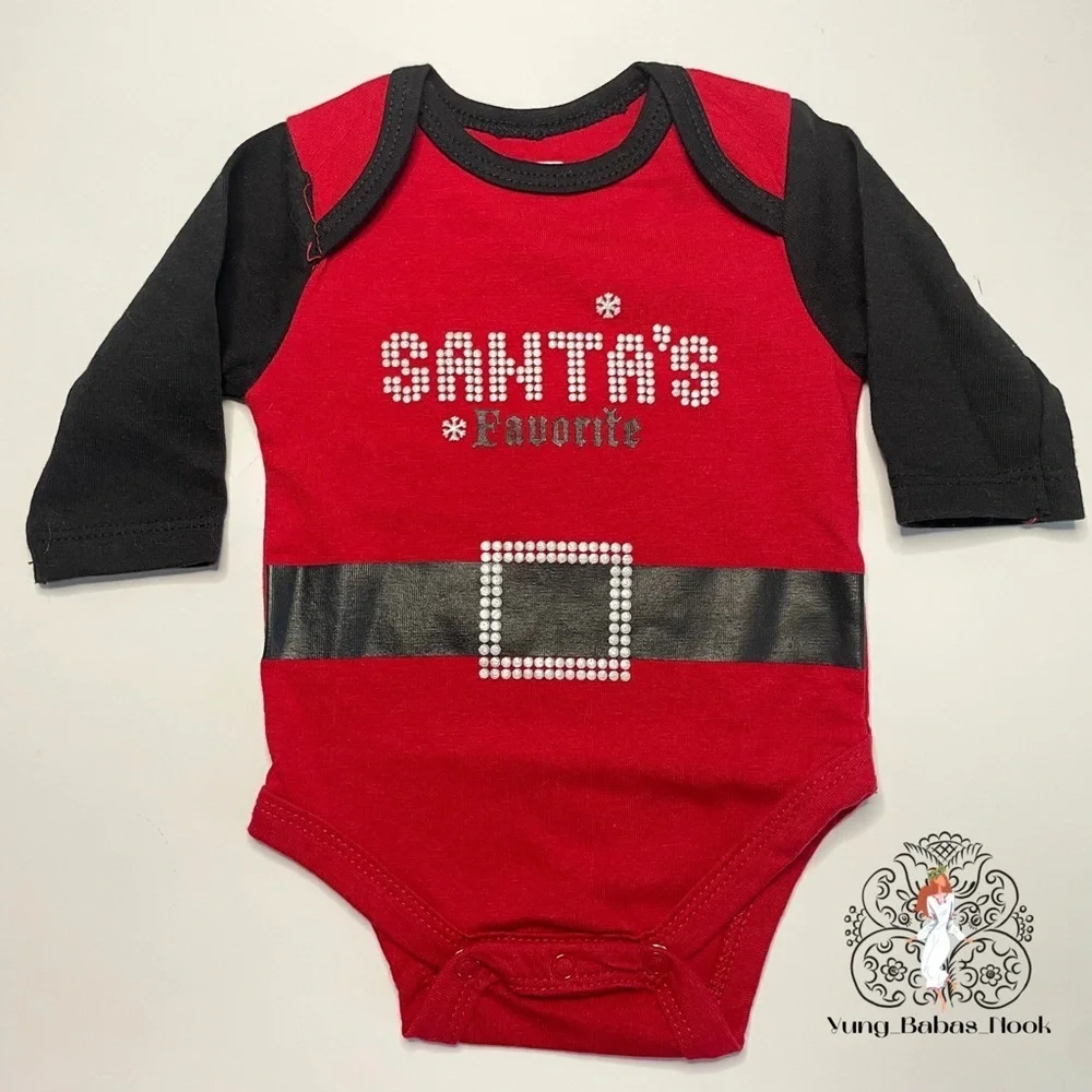 Baby Glam Newborn Santa’s Favorite NB Red and Black Long Sleeve Snaps PRELOVED